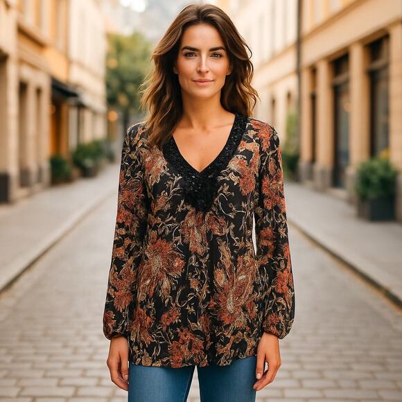 Bandolino Crochet SZ 14 Top Black Flower Tunic Boho Y2K Long Sleeve Pleated - Picture 1 of 10